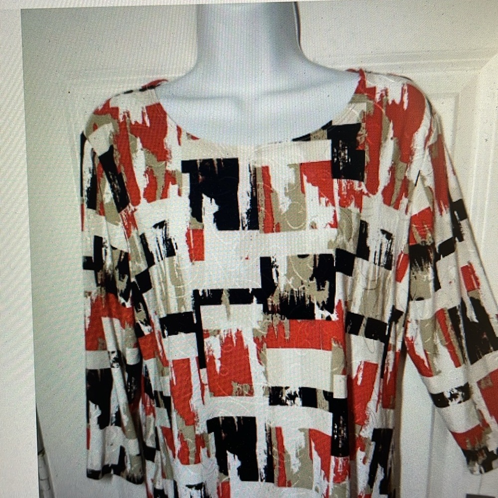 JM Collection Mod Block Abstract Red Black Beige 3/4-Sleeve Stretch Top …